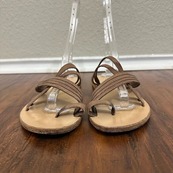 VALIA GABRIEL Sandals Taupe Leather Toe-Ring Flat Slide - Picture 4 of 10